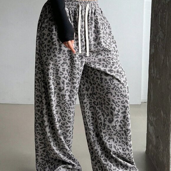 Grey Casual Women's Drawstring Straight Leopard Print Design Trendy Wear pants - Picture 1 of 8